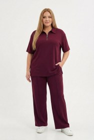 Resim Kadın Büyük Beden Kısa Kollu Yarım Fermuarlı Polo Yaka Eşofman Takımı 8262-26 - Bordo / XL 