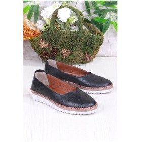 Resim Mehmet Mete 1007 Rahat Lazer Delikli Hakiki Deri Kadın Ayakkabı Sıyah 