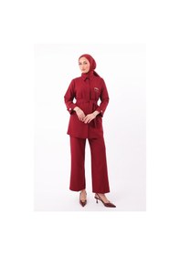 Resim Balenbi Gömlek Yaka Beli Kuşaklı Double Krep Dokuma Tesettür Takım 1181 Bordo 