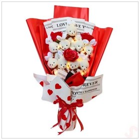 Resim 9 Beyaz Pelüş Tavşanlı Led Işıklı Kırmızı Buket, 65cm X 45cm 