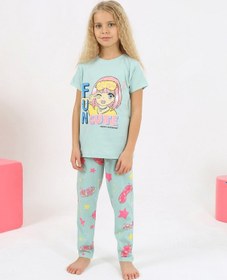 Resim Kız Çocuk Kısa Kollu %100 Pamuklu Fun Cute Pijama Takımı Mint 