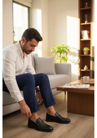 Resim Enoch Erkek Hakiki Siyah Deri Klasik Ayakkabı Pürüzsüz Saya Ve Esnek Tabanlı Mokasen Loafer Model Siyah 