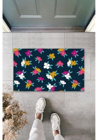 Resim Koyu Pembe Kapı Önü Paspası Çiçekler Desen K-3251 