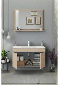 Resim Biani Fix Arya 100 Cm Banyo Dolabı,Seramik Lavabolu, Aynalı,Lavabo Dahil,Mdf,Aybe Bej 