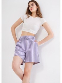 Resim Pasaklı Giyim Kadın Gabardin Kumaş Cepli Kemerli Tokalı Çizgili Kısa Şort 3562210 Mor 
