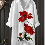 Resim Kadınlar için Büyük Beden Şık Çiçek Baskılı Yüksek-Düşük Etekli Bluz - Rahat Gevşek Kesim, Kapüşonlu Yaka ve Uzun Kollu Polyester Karışımı, İlkbahar/Yaz Tatilleri için Mükemmel, Tatil Giyimi | Çiçek Baskılı Bluz | Canlı Çiçek Deseni 