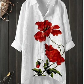 Resim Kadınlar için Büyük Beden Şık Çiçek Baskılı Yüksek-Düşük Etekli Bluz - Rahat Gevşek Kesim, Kapüşonlu Yaka ve Uzun Kollu Polyester Karışımı, İlkbahar/Yaz Tatilleri için Mükemmel, Tatil Giyimi | Çiçek Baskılı Bluz | Canlı Çiçek Deseni 
