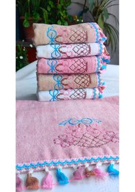 Resim Çeyizlik Kanaviçe Çiçek Desenli Püsküllü Bukle Lüks Mutfak Havlu Seti 30x50 6'lı Set Renkli 