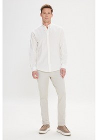 Resim AC&Co / Altınyıldız Classics Erkek Ekru Comfort Fit Rahat Kesim Gizli Düğme Yaka %100 Pamuk Flamlı Gömlek Ekru 