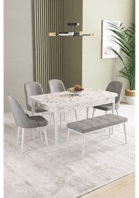 Resim Ikon Beyaz Mermer Desen 80x132 Mdf Açılabilir Yemek Masası Takımı 4 Sandalye, 1 Bench Gri 
