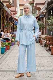 Resim adamila Kadın Açık Mavi Tesettür İkili Takım Gömlek Pantolon Takım Yazlık Rahat Kesim Oversize Günlük Kombi 