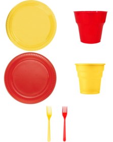 Resim Party Country Plastik Tabak, Bardak, Çatal Set 48 Kişilik Sarı - Kırmızı 
