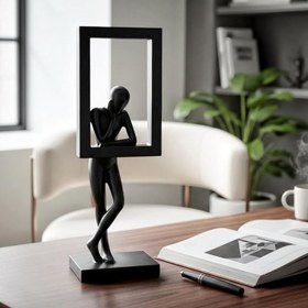 Resim Drusus Modern Düşünen Adam Çerçeveli Heykel Siyah Minimal Dekoratif Obje Ofis Ev Masa Üstü Aksesuar 