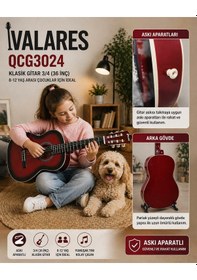Resim Valares Qcg3024 34 1/2 Yarım Boy Klasik Gitar Kırmızı Askı Aparatlı Çocuklar İçin İdeal Kolay Çalım 