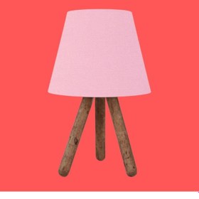Resim Üç Ayaklı Ahşap Abajur Pembe Kumaş Başlık Yatak Odası Çocuk Odası Masa Lambası Pembe 