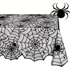 Resim Haloween, Noel, Siyah Dantel Örümcek Ağı Masa Örtüsü - Şömine, Mantarlık ve Parti Masası Dekoru için Örümceklilerle Haloween Örümcek Ağı Süsü, Şömine Dekorasyonu, Gotik Tatil Stili, Hafif Polyester Kumaş, Dayanıklı Masa Örtüsü, Mevsimlik Alışverişçiler İçin Ev Dekorasyonu 