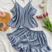 Resim Kadınlar İçin V Yaka Taklit Askılı Şort Pijama Takımı 2 Parça 
