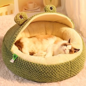 Resim Küçük Kurbağa Serisi Yumuşak Peluş Kedi & Köpek Yatağı - Yeşil ve Beyaz Tasarımlı Rahat Kurbağa Şeklinde Evcil Hayvan Yatağı, Yüksek Kaliteli Polyester, Sıcak Dayanıklı Konforlu Kedi ve Küçük Köpekler İçin Pet Kanepe, Küçük Evcil Hayvan Yatağı 