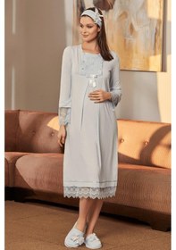 Resim Mecit Pijama Mecit 5209 Mavi Dantel Kol Detaylı Hamile Lohusa Gecelik 