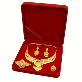 Resim 1 Kolye + 1 Bileklik + 1 Çift Küpe + 1 Yüzük Altın Tonlu Su Damlası Tasarımı ile Vintage Arap Tarzı Takı Seti Günlük Kullanım ve Parti Aksesuarları için Uygun Takı Bayramı Sevgililer Günü Hediyesi 