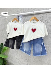 Resim Ay Kids Kız Çocuk Kalp Baskılı Oversize Tişört & Bol Paça Jean Kapri Kombin Takım 2689m Mavi 