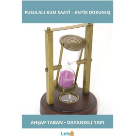 Resim Antik Tarz Pirinç Pusulalı Kum Saati Ahşap Taban 1 Adet 