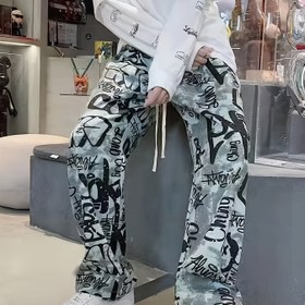 Resim Erkeklerin Rahat, Bol Kesim Pantolon - "ENDİŞE ETME" Baskısı ile - Hafif, Esnek Olmayan Kumaş, Çizme Cepli Bel, Hızlı Kuruma, Geniş Bacak, Tüm Mevsim Konfor, Casual Giysi|Casual Stil|Hızlı Kuruyan Kumaş 