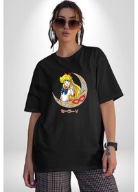 Resim Sailor Moon Ay Savaşcısı Anime Pamuklu Bisiklet Yaka Unisex Oversize Boyfriend Dijital Baskılı Siyah T-shirt Siyah 