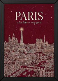 Resim Paris Line Art Print - Burgundy Eiffel Tower Skyline Wall Art - Wooden Frame - Natural / 16 x 20" (40x50 cm) 