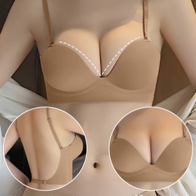 Resim Kadınlar için 3.5cm kalınlığında süngerli üst ve kalınlaştırılmış kuplar - Günlük konfor için yüksek destekli, kablosuz uyumlu, düz renk, küçük göğüs tasarımı, sırt desteği, şık tarz, pürüzsüz dokulu sütyen. 