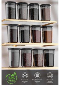 Resim 12'li Etiketli Ve Kilitlenebilir Hava Almaz Kapaklı Baharatlık Seti - Baharatlık Gri Antrasit 