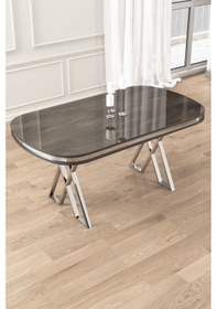 Resim Canisa Zae Serisi 90x168 Lak Panel Antrasit Ironi Krom Ayak Masa Takımı 6 Siyah Sandalye Siyah Mermer Desen Masa Sandalyeler Siyah 