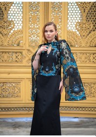 Resim Crystalia Lauren Dress Krep Ve Jakar Kumaş Özel Tasarım - Siyah & Mavi Siyah - Mavi 