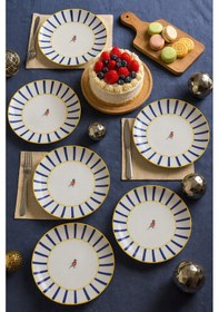 Resim Grandora Mavi Çizgili, Kuş Desenli Servis Tabağı Seti 6 Ad, 27 Cm Modern Ve Şık Sunum Tabak Lacivert 