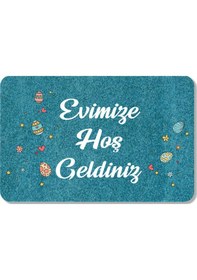 Resim Dijital Baskılı Kapı Önü Paspas Hoşgeldiniz Yazılı Çiçek Desen Ve Tavşan Iç Ve Dış Kapı Yıkanabilir Gold 