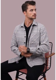 Resim Gri Hasır Desenli Oversize Geniş Kalıp Hediye Kutulu Gömlek 001 