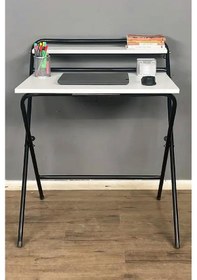 Resim Lich Metal Ayaklı Katlanır Çalışma Masası Beyaz Raflı Laptop Sehpası Çizim Ve Ders Masası Beyaz - Siyah 