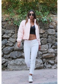 Resim Keyifli Moda Kadın Pudra Dik Yaka Çıtçıtlı Fermuarlı Kısa Şişme Mont - 38 Pudra 