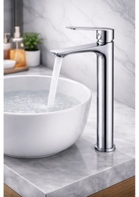 Resim Lüks Çanak Lavabo Bataryası Yüksek Gövdeli Banyo Musluğu Krom Kaplama Tek Kollu Lavabo Bataryası 