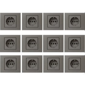 Resim Ovivo Grano Antrasit Topraklı Priz 12'li Paket Çerçeve Dahil 