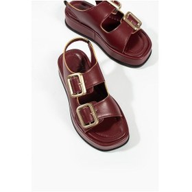Resim Dolgu Topuklu Çift Bantlı Tokalı Kadın Sandalet Bordo 