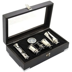 Resim Ahşap Kutulu Pirinç Dürbün Pusula Ve Kum Saati Seti 