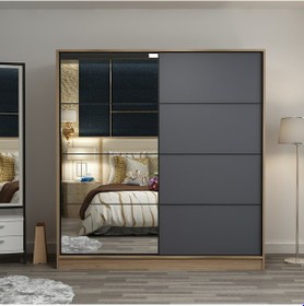 Resim Minarmobilya Minar Kale 2 Kapaklı Aynalı Sürgülü Dolap 180 Cm - Dore/Antrasit 