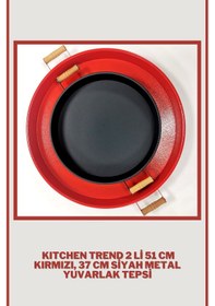 Resim 51 CM Kırmızı 37 CM Siyah 2 Li Metal Yuvarlak Tepsi Sunum Tep . 