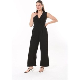 Resim Kadın Büyük Beden Kırmızı Anvelop Yakalı Geniş Paçalı Tulum 65n37734-siyah Siyah 