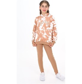 Resim Toontoy Kids Toontoy Kız Çocuk 2'li Takım Baskılı Kapüşonlu Düşük Omuz Cepli Sweatshirt & Basic Düz Tayt Kahverengi 