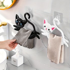 Resim Sevimli Karikatür Kedi Havlu Askısı - Matkap Gerektirmeyen Duvara Montaj, Banyo Havluları & Aksesuarları için Plastik Depolama Kancası 