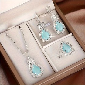 Resim Şık Kadın Takı Seti - Teardrop Turquoise ve Şeffaf Taşlarla Vintage Boho Tarzı, Kulaklıklar, Kolye, Yüzük Dahil - Günlük Kullanım ve Partiler İçin İdeal 