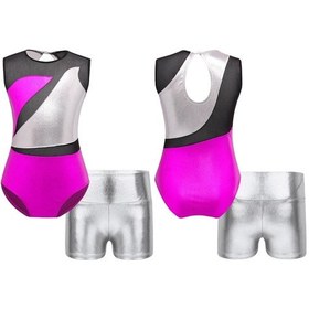 Resim Gül&Gümüş Kızlar Jimnastik Bale Dansı Iki Parçalı Kıyafet Kolsuz Bodysuit Ve Şort Altları Kırmızı - Gümüş 