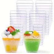 Resim 25 adet/50 adet/100 adet Trapezoid Mini Tatlı Bardakları, (60ml/2oz) Tekrar Kullanılabilir Şeffaf Plastik Bardaklar, Pasta, Mousse, Yoğurt, Dondurma ve Aperatif Mutfak Eşyaları Hizmeti için Uygun 